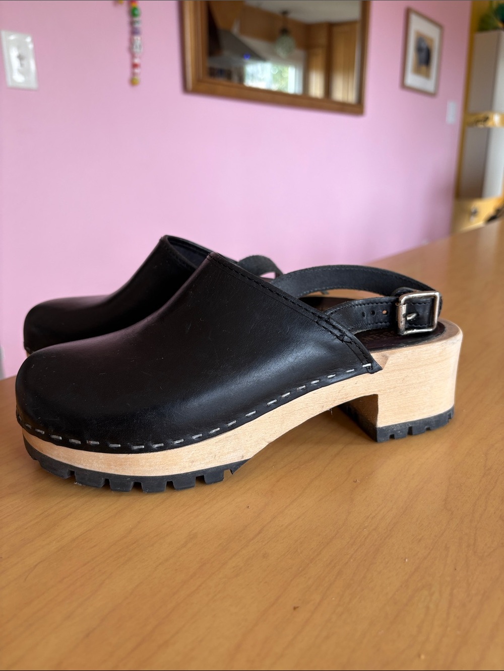 Swedish Hasbeens Black Leather Slingback Clogs with Natural Wood Sole 7.5 - Picture 1 of 5